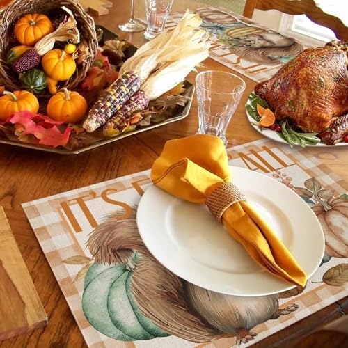 Farmhouse Squirrel Fall Placemats Set of 6, Harvest Pumpkin Maple Leaves Non-Skid Place mats, Wooden Autumn Holiday Table Mats, Thanksgiving Decorations Tablemats for Party/Dining Room/Kitchen - Image 3