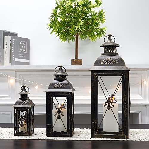 TRIROCKS Set of 3 Decorative Hanging Lantern 9.5/13.5/19" High Vintage Metal Candle Holder with Tempered Glass Perfect for Living Room Garden Yard Patio Parties Events Indoors Outdoors (Black) - Image 5