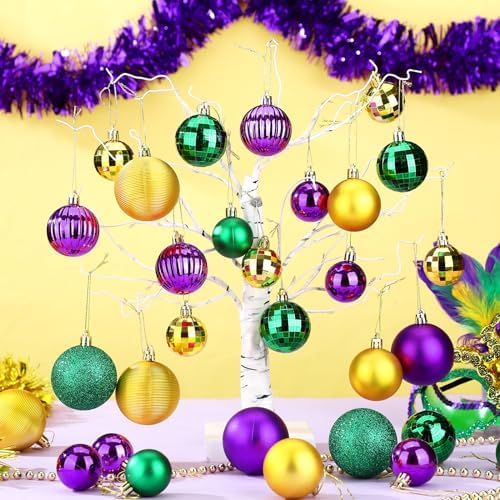 Lunmon 64 Pcs Mardi Gras Christmas Ornaments Purple Yellow Green Xmas Bulbs - Image 5