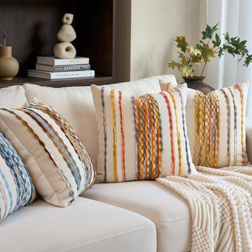 Aeckself Boho Pillow Covers 18x18 Inch Set of 2, Farmhouse Decorative Striped Square Chenille Tufted Accent Neutral Throw Pillow Covers for Living Room Couch Bed, Yellow Orange - Image 6