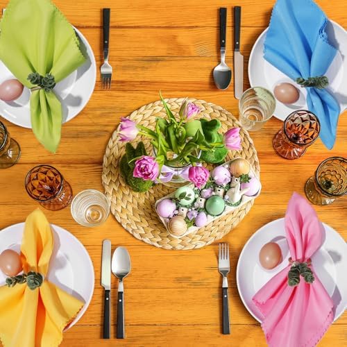 Preboun 20 Pcs Easter Pastel Cloth Napkin with 20 Leaf Napkin Rings 19 x 19 Inch Spring Dinner Reusable Fabric Cocktail Napkins for Farmhouse Easter Party Dinner Table Supplies - Image 6