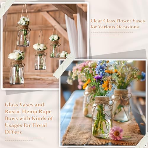 Glass Flower Vases for Centerpieces, 12Pcs Vintage Small Clear Bud Vase for Flowers Mini Crystal Decorative Bottle with Hemp Rope Bows for Housewarming Wedding Birthday Tabletop Decoration - Image 6