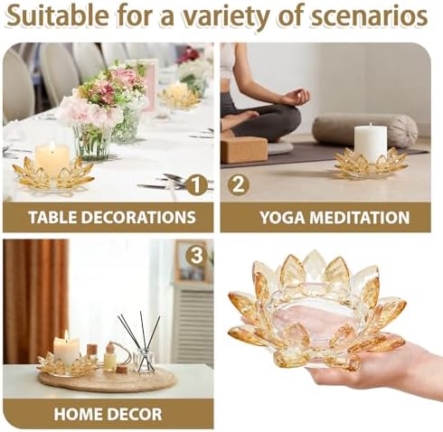 Large Crystal Lotus Tealight Candle Holder for Up to 6" Diameter Pillar Candle Plate Candlestick,Chunky Glass Votive Stand for Wedding, Party, Table Centerpiece Decor and Yoga Meditation (2, Gold) - Image 4