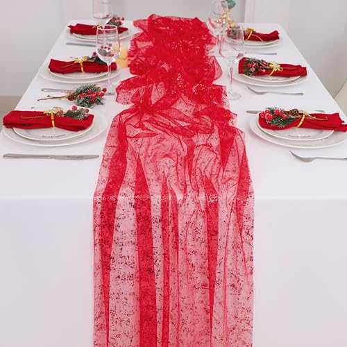 Snowkingdom 6 Pcs Red Glitter Table Runner 10 FT, Sheer Chiffon Sparkle Gauze Cheesecloth Mesh Runners 120 Inch, Red Table Centerpieces Decoration for Birthday Party Wedding Christmas Mothers Day - Image 2