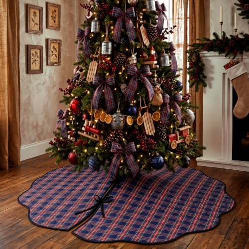 Junkin Navy Blue Plaid Quilted 60in Christmas Tree Skirt Tartan Tree Decor - Image 6