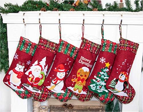 LUBOT 6 Pack Christmas Stockings(21inch) Embroidered Linen Applique Burlap Fireplace Hanging Christmas Stocking Ornament for Family Decorations Holiday Xmas Gift - Image 3