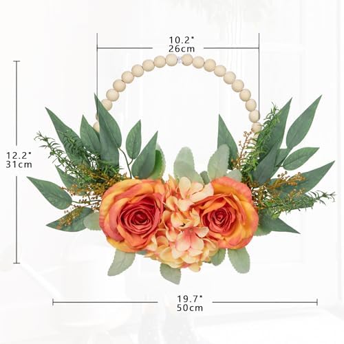Spring Wreaths for Front Door 10" Artificial Floral Wood Bead Wreaths Eucalyptus Leaves Rose Hydrangea Wreaths for Front Door Boho Farmhouse Wall Decor 2 Pack - Orange - Image 2