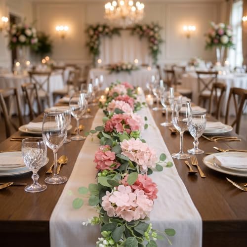 Artificial Hydrangea Flower Garland with Eucalyptus & Baby’s Breath 2PCS 6FT Floral Vines Greenery Garland for Mantel Wedding Arch Table Centerpiece Coastal Home Outdoor Decor (2, Dusty Rose&Pink) - Image 7