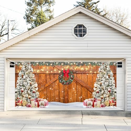 Whaline Rustic Christmas Garage Door Cover 7 x 16 Ft Wood Texture Board Door Cover Extra Large Yard Sign for Xmas Indoor Outdoor House Wall Party Decor - Image 6