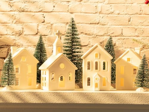 9 Pcs Christmas Village Figurines Sets - 4 Lighted Ceramic Houses & 5 Trees - Image 6