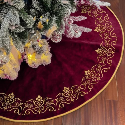 Burgundy Christmas Tree Skirt 30 Inch - Velvet Luxury Baroque Decor by Scritism