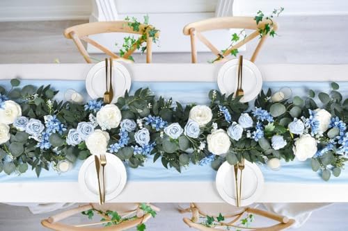 Lvydec 2 Pack Artificial Peony Flower Garland - 6ft Silk Peony Vine Willow Leaves and Eucalyptus Garland White Arch Flower Vine for Wedding Party Table Decoration (Blue) - Image 5