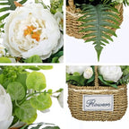 Peonies Artificial Flowers, Spring/Summer Flower Centerpieces for Tables Silk Flower Arrangements with Woven Basket Fake Peonies with Fern Leaves White Flower Arrangement for Kitchen Dinner Table - Image 3
