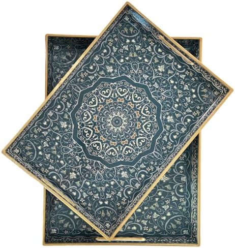 Decorative Tray, Blue Serving Tray with Handles, Set of 2, Plastic Coffee Table Tray for Living Room, Ottoman, Bathroom, Kitchen, Decor, Large 15.7”*11.8”, Small 13.7"*9.8" by Umisriro