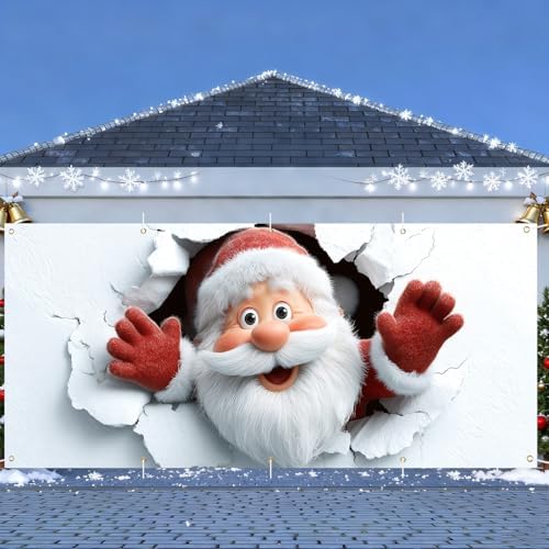 Christmas Garage Door Banner 7x16FT, Santa Claus with Broken Wall Design, Large Outdoor Xmas Decoration for Garage Doors, Driveway, Holiday Parties & Winter Celebrations - Image 2