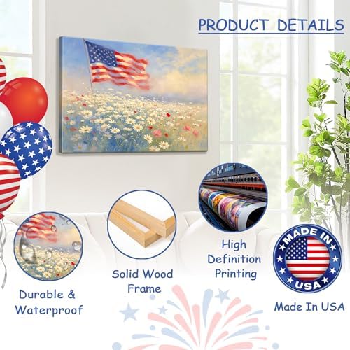 Patriotic Canvas Wall Art 4th of July American Flag in Daisy Field Oil Painting USA Flag Floral Picture Wall Decor Independence Day Home Decor for Living Room Bedroom 24x32in - Image 4
