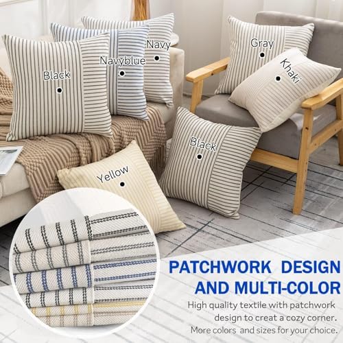YCOLL Farmhouse Euro Sham Pillow Covers 26x26, Modern Throw Pillow Covers Set of 2, Navy and Beige Striped Patchwork Linen Decorative Pillows Cushion Covers for Bed Sofa Couch Living Room Home Decor - Image 4