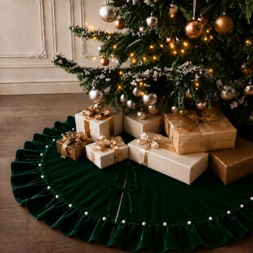 DarkGreen Velvet Christmas Tree Skirt with Ruffled Edge&Pearls,60" by DegGod