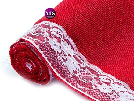 VDS Pack of 12, Burlap Table Runner with White Lace Edge, 100% Natural Jute Rustic Hessian Table Cloth Centerpiece for Wedding Birthday Party Banquet Table Decoration (Size 12X108 Inch)(Red) - Image 5