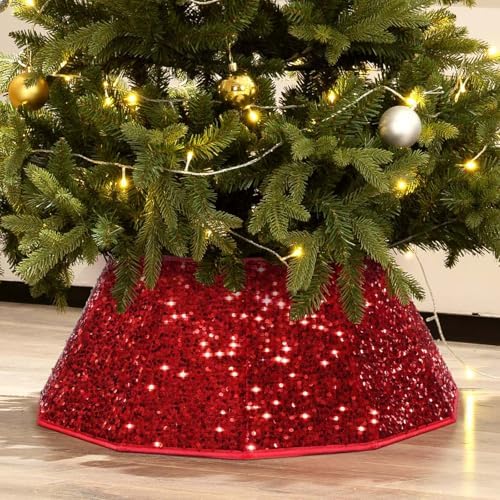 HarcoHome Sequin Christmas Tree Collar, Sparking 26" D Foldable Dazzling Handcrafed Christmas Tree Ring for Christmas Decoration (Red Sequins, Diamond) by HarcoHome
