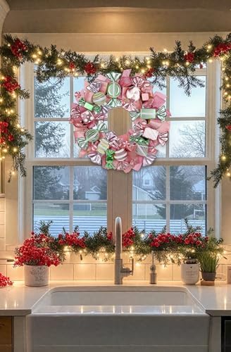 20" Christmas Wreath with Candies Pink & Gold Bow for Home Front Door Decor - Image 3