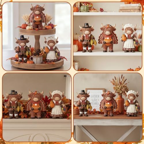 Simgoing 3 Pcs Fall Highland Cow Figurines Pilgrim and Turkey Cow Decor - Image 5