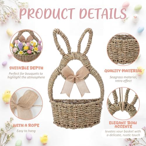 Reallnaive 16 x 9.4 x 3.9 Inch Easter Bunny Basket Hand Woven Wicker Rabbit Wreath Basket Hanging Wall Pocket Spring Wreath Decor with White Floral for Front Door Hanging Decoration - Image 3