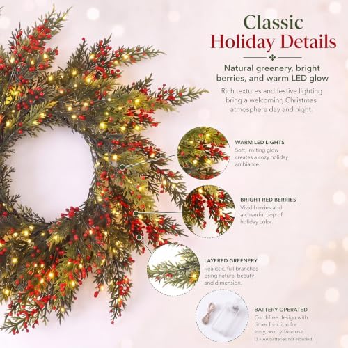 Dingion 18 Inch Christmas Wreath for Front Door with Red Artificial Berry - Image 3