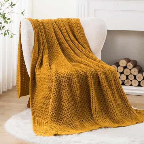 Waffle Knit Throw Blanket, Mustard Yellow Throw Blanket for Couch 50"x60" - Image 2