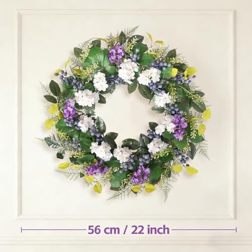 Idyllic 24 Inch Spring Summer Wreath for Front Door - Artificial Blueberry Bunch Wreath with White Purple Flowers Floral Decor for Window Mantel Wedding Indoor Outdoor Home Decoration - Image 2