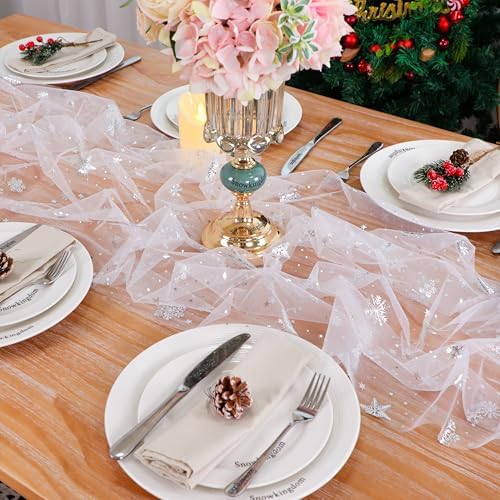 Snowkingdom 6 Pcs Christmas Snowflake Table Runners, 120 Inch Sheer Chiffon Gauze Cheesecloth, Silver Glitter Sequin Metallic Party Dining Table Decorations for Christmas Winter Holiday New Year - Image 6