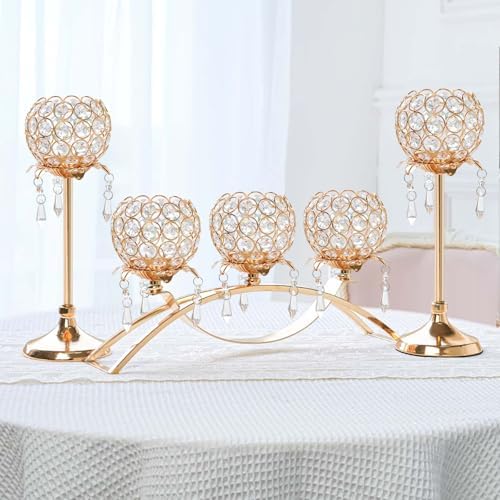 Set of 3 Gold Crystal Tea Light Candlestick Holders Flower Shape with Crystal Pendant Bowl Votive Metal Candle Holder for Table Centerpieces Wedding Home Decor (Set of 3, Gold) by kehail
