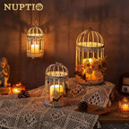 NUPTIO Decorative Candle Lanterns White, Distressed White Metal Bird Cage - Image 2
