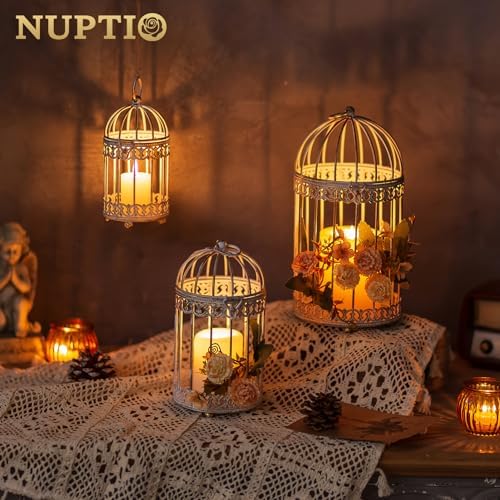 NUPTIO Decorative Candle Lanterns White, Distressed White Metal Bird Cage - Image 2