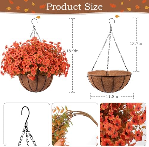 Hananona 24 Pcs Artficial Outdoor Flowers with Hanging Baskets, Orange Fall mums 2 Pack Hanging Planter with Outdoor Fall Flowers for Autumn Porch Garden and Home Patio Yard Decor (2, Orange) - Image 2