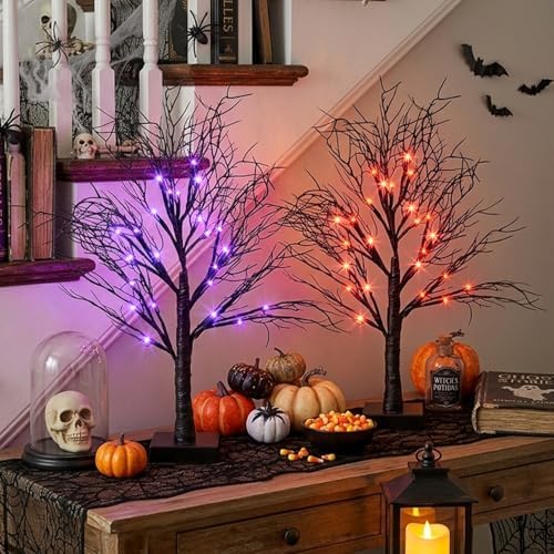 2 Pack Halloween Tree, Vanthylit Black Tree with Orange Purple Bi-Color Led Lights 6 Functions, USB & Battery Operated Lighted Willow Branch for Indoor Halloween Decorations (22 inch,24 LED) - Image 4