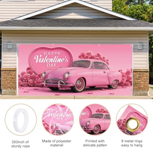 Valentine’s Day Garage Door Banner 6x13FT, Pink Vintage Car and Rose Heart Garage Door Cover, Romantic Outdoor Decoration for Garage Doors, Yard & Love Theme Party Backdrop - Image 4