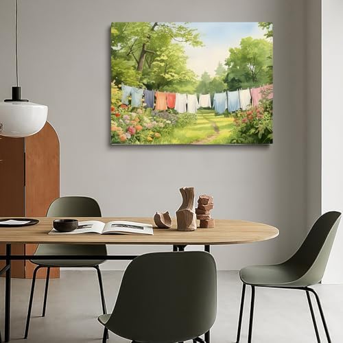 Vintage Laundry Room Wall Art,Laundry Line Oil Painting,Clothesline Laundry Room Decor,Laundry Clothesline Print,Clothes Hanging on Clothesline Picture,Rustic Farmhouse Decor20x30inch Framed Art - Image 3
