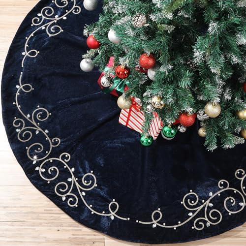 60inch Extra Large Christmas Tree Skirt Navy Blue Luxury Velvet Plush Fur Skirts Baroque Tree Skirts with Gold Embroidered Pearls and Crystals Trees Skirt for Christmas Holiday Party Home Decoration - Image 5