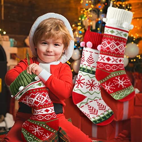 Chivao 4 Pcs 20" Christmas Stocking with Pompoms Large Knit Xmas Decor - Image 5