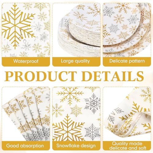 Pickmesh 250 Pcs Christmas Dinnerware Set Gold Silver Snowflake Disposable Paper Plates Napkins and Cups Xmas Luncheon Dinner Tableware for Winter Christmas Birthday Party Supplies Table Decor - Image 3