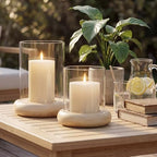 Set of 2 Hurricane Glass Candle Holders with Natural Brown Wood Base Decorative Candle Lantern, Farmhouse Rustic Boho Table Centerpieces Decor for Living Room, Outdoor Home Decor - Image 7