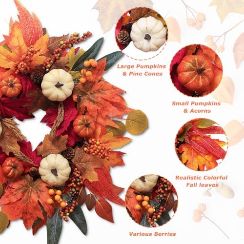 Fall Wreaths for Front Door, DECSPAS 21" Thanksgiving Fall Wreath with Maple Leaves Pumpkin Berries, Autumn Decorations for Home, Artificial Harvest Door Wreath Outside, Window, Wall, Mantel Decor - Image 4