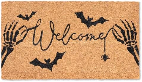 Halloween Welcome Coir Doormat 17"x30", Outdoor Front Door Mat with Bats Skeleton Hands and Spider Design, PVC Non Slip Backing, Fall Halloween Welcome Mat for Front Porch Entryway Decor by Fallovea
