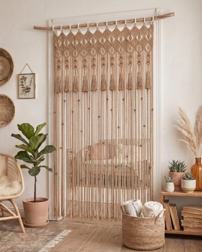 BECHAEO Boho Macrame Beaded Curtain with Tassels, Brown 2 Panels 39" x 79" - Image 2