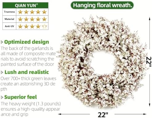 White Wreath for Front Door, 21 Inch Artificial Twig Wreath with White Flowers, Winter Wreath for Indoor Outdoor, Christmas Holiday Farmhouse Wall Decor - Image 5
