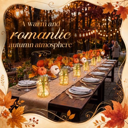 6 Set Fall Mason Jar Centerpiece Table Decor for Dining Room Thanksgiving Flowers Farmhouse Coffee Table Decor with Pumpkin Bouquets and String Light for Kitchen Living Room Wedding Home - Image 2