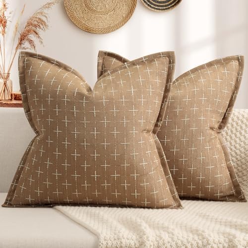 ZWJD Throw Pillow Pillow Covers 22x22 Set of 2 Soft Polyester Textured Pillow Covers with Stylish Flange Edge Cozy Farmhouse Throw Pillows for Couch Bed Sofa Living Room Camel by ZWJD