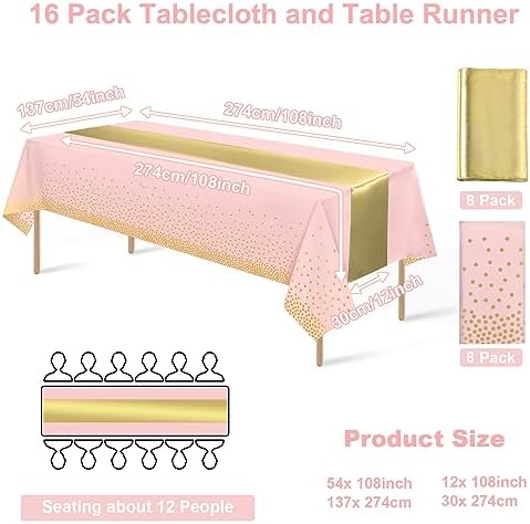 16Pack Disposable Plastic Tablecloths and Satin Table Runner Set Pink and Gold Dot Tablecloth Gold Satin Table Runner for Wedding Birthday Baby Shower Anniversary Christmas New Year Party Supplies - Image 2
