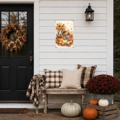 Decorative Tin Sign Watercolor Metal Tin Sign Autumn Cornucopia Pumpkins Fruit Sunflowers Harvest Wall Decor for Dining Room Kitchen Living Room 8×12 Inches with Metal Frame - Image 3
